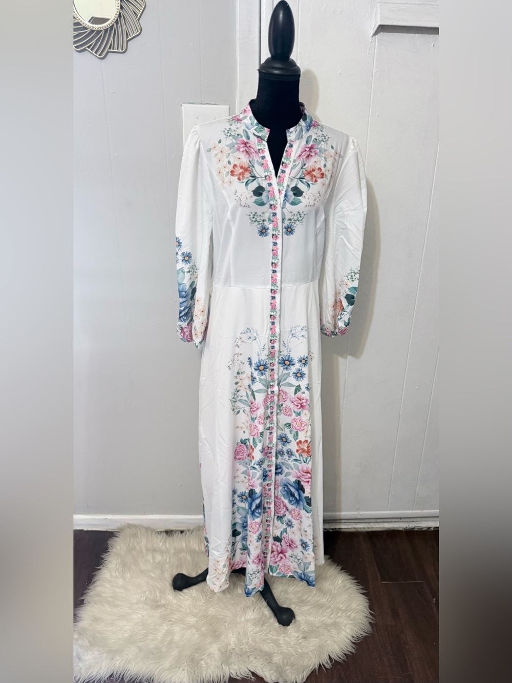 Floral-Embroidered White Maxi Dress with Pink & Blue Accents - Picture 3 of 14